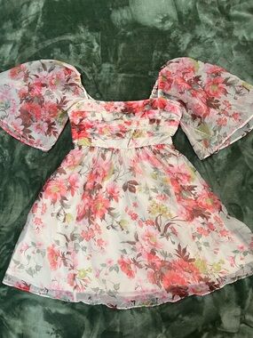 Abercrombie & Fitch Pink and White Floral Puff-Sleeve Dress